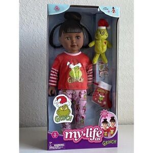 MY LIFE AS 18" Dark Brunette Hair Brown Eyed Doll THE GRINCH Slippers Plush PJs